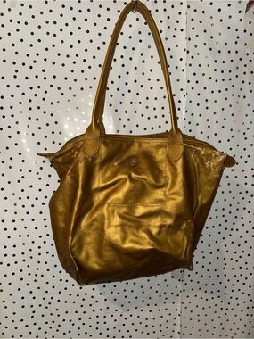 Metallic Gold Leather Tote Bag - Women's Shoulder Carry